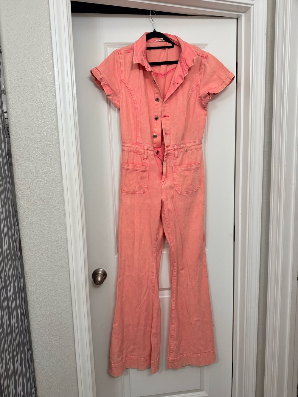 Coral Short-Sleeve Button-Front Jumpsuit Jean material